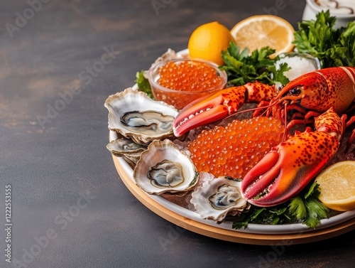 A beautifully arranged seafood platter featuring lobster, oysters, and caviar garnished with lemon and fresh herbs. photo