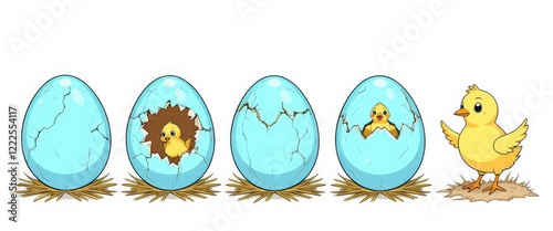 Chick hatching step-by-step from eggs in nest on white background.