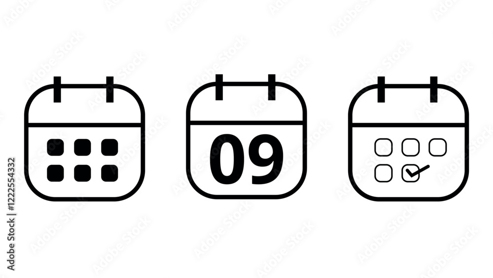 Simple calendar icons in different formats for websites and graphic resources. Calendar icon with specific day marked, day 09. Simple calendar icons in different formats for websites and graphic resources. Calendar icon with specific day marked, day 09.