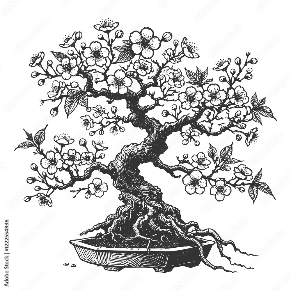 Fototapeta premium blossoming bonsai sakura cherry tree with delicate flowers and leaves, balance, nature, and artistic growth sketch engraving generative ai raster illustration. Scratch board. Black and white image.