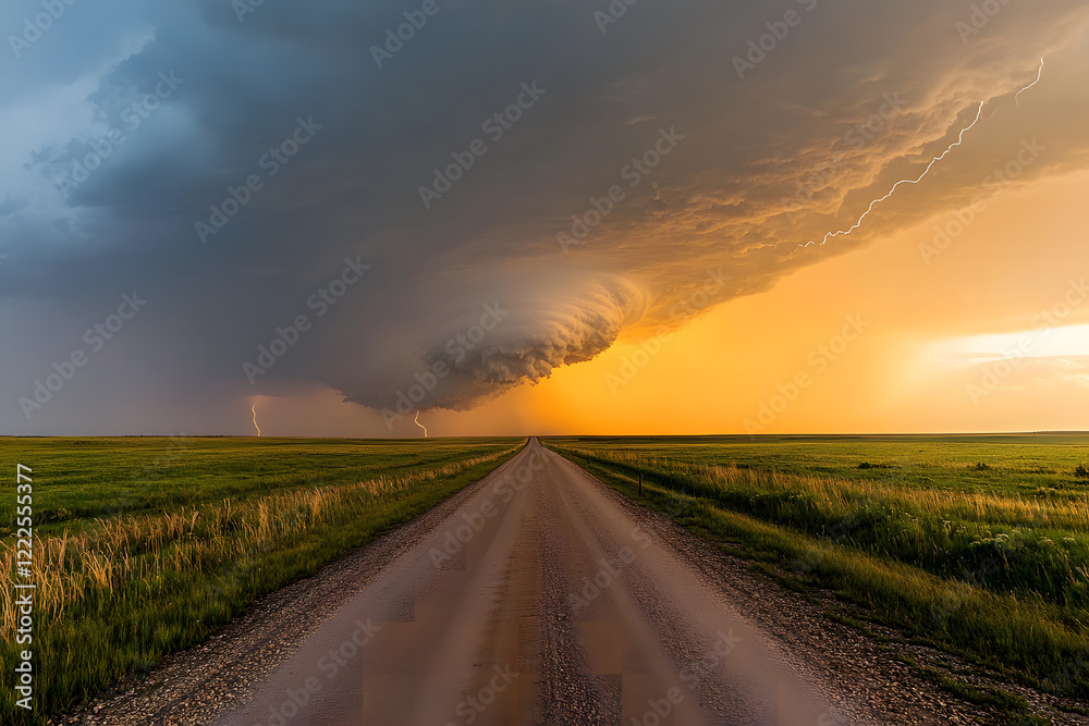 Fototapeta premium Dramatic Lightning Strike on a Lonely Country Road at Sunset