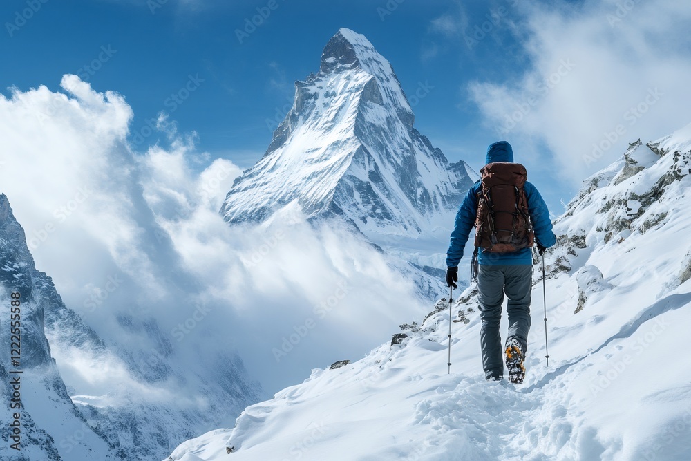 Mountaineer walking towards the matterhorn peak in switzerland Mountaineer walking towards the matterhorn peak in switzerland
