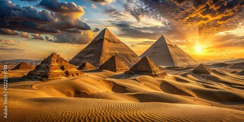 Majestic 8K pyramids rise at sunrise, casting long shadows across the Sahara's golden dunes.  Ancient Egypt's Giza splendor.
