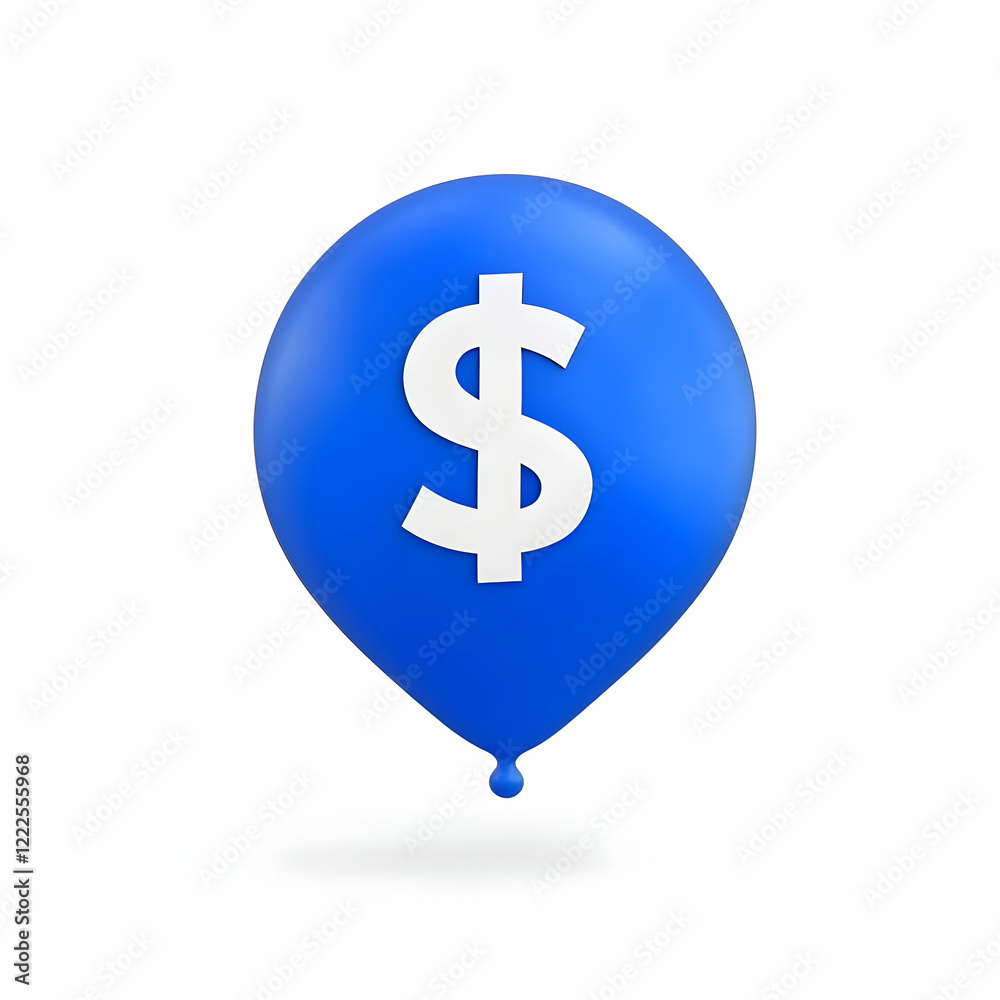 Fototapeta premium 3D Blue Balloon with White Dollar Sign Icon Floating Gracefully in a White Background
