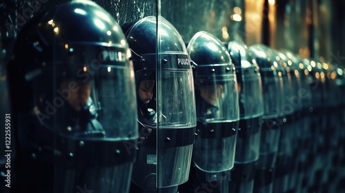 A striking image showing a row of police officers wearing helmets and lined shields reflecting light in a organized formation during a protest.