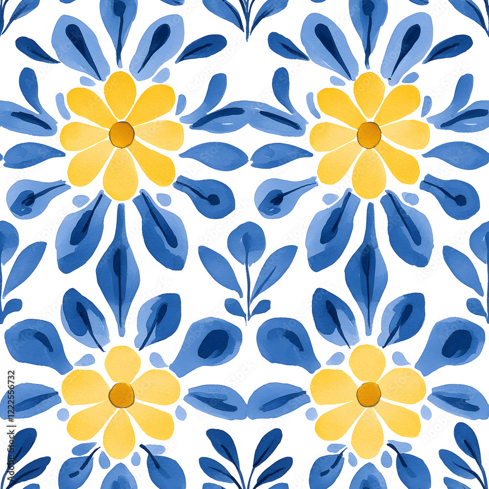 Fototapeta premium Rustic blue and yellow tile watercolor seamless pattern. Pattern of azulejos tiles