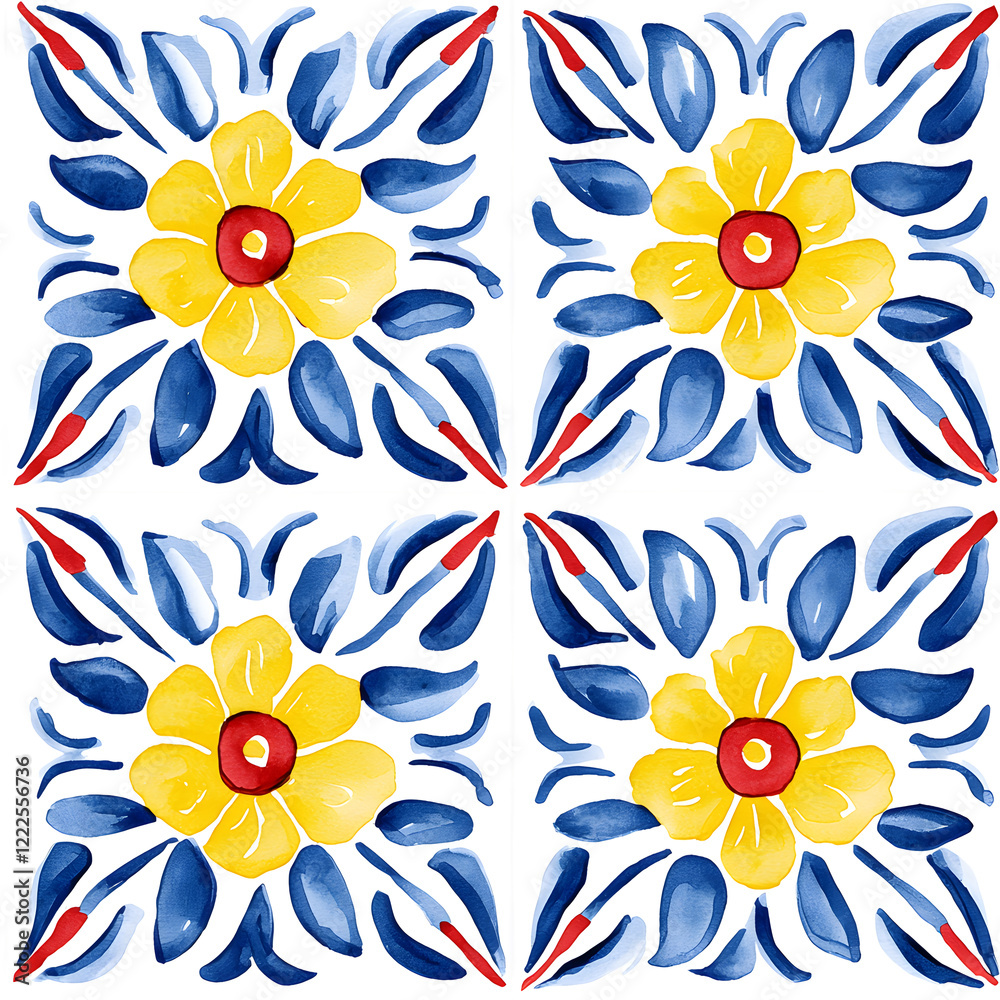 Rustic blue and yellow tile watercolor seamless pattern. Pattern of azulejos tiles Rustic blue and yellow tile watercolor seamless pattern. Pattern of azulejos tiles