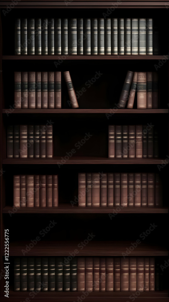 Antique Bookshelf Displays a Collection of Aged Books with Classic Designs in a Dark Library Setting. Antique Bookshelf Displays a Collection of Aged Books with Classic Designs in a Dark Library Setting.