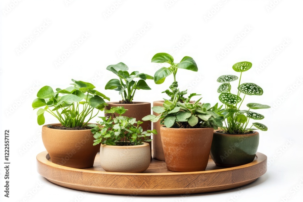 A Delightful Display of Potted Plants in Terracotta and Wooden Tray. A Collection of Vibrant Green Foliage in Various Pots for a Home Decor. A Delightful Display of Potted Plants in Terracotta and Wooden Tray. A Collection of Vibrant Green Foliage in Various Pots for a Home Decor.
