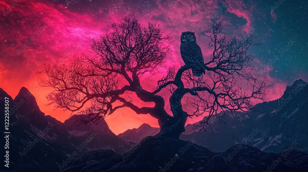 Obraz premium Owl perched on a glowing alien tree under a starlit galaxy, cosmic observer, 3D illustration