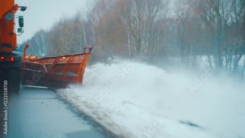 A snow plow truck clears snow from the road, side of road after a snowstorm and blizzard. Snowplow clears road of snow after a snowfall, salting street in winter time, snow removal. Road maintenance