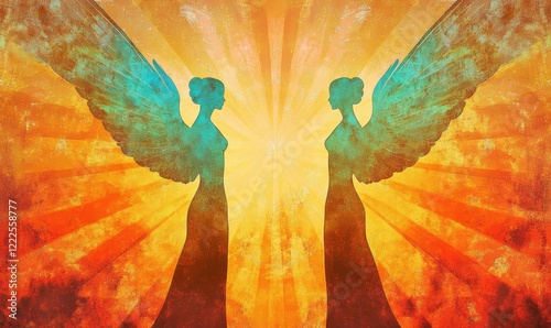 Angelic Silhouettes in Radiant Sunburst Background Seamless Pattern - Spiritual Heavenly Creatures Abstract Texture with Glowing Light and Ethereal Aura, Generative AI
