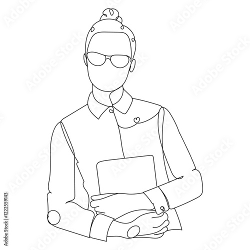 Dessin en ligne continu d'une femme portant des lunettes de face, en tenu professionnelle, métier de l'enseignement, présentation commerciale, line art, vecteur