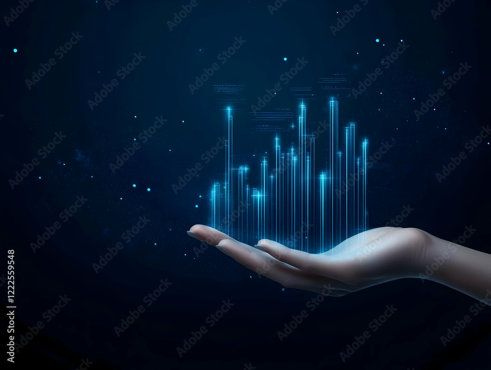Hand Holds Glowing Digital Bar Graph in Futuristic Data Visualization Concept Hand Holds Glowing Digital Bar Graph in Futuristic Data Visualization Concept