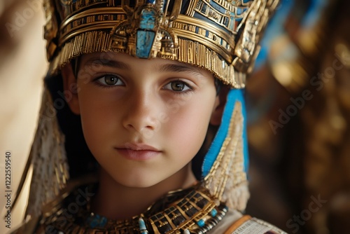 Young pharaoh wearing traditional egyptian gold and blue crown and necklace photo