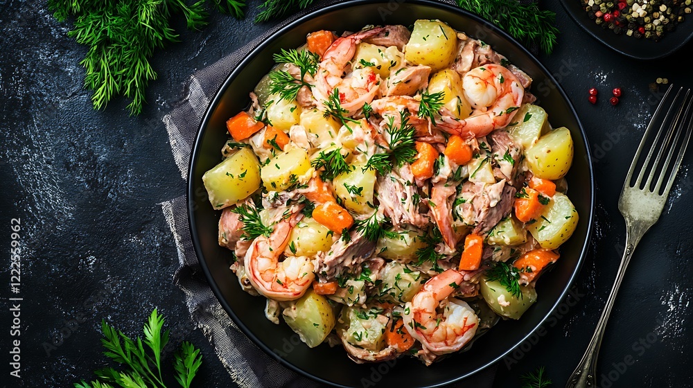 Salad with shrimps, potatoes and vegetables on dark background Salad with shrimps, potatoes and vegetables on dark background