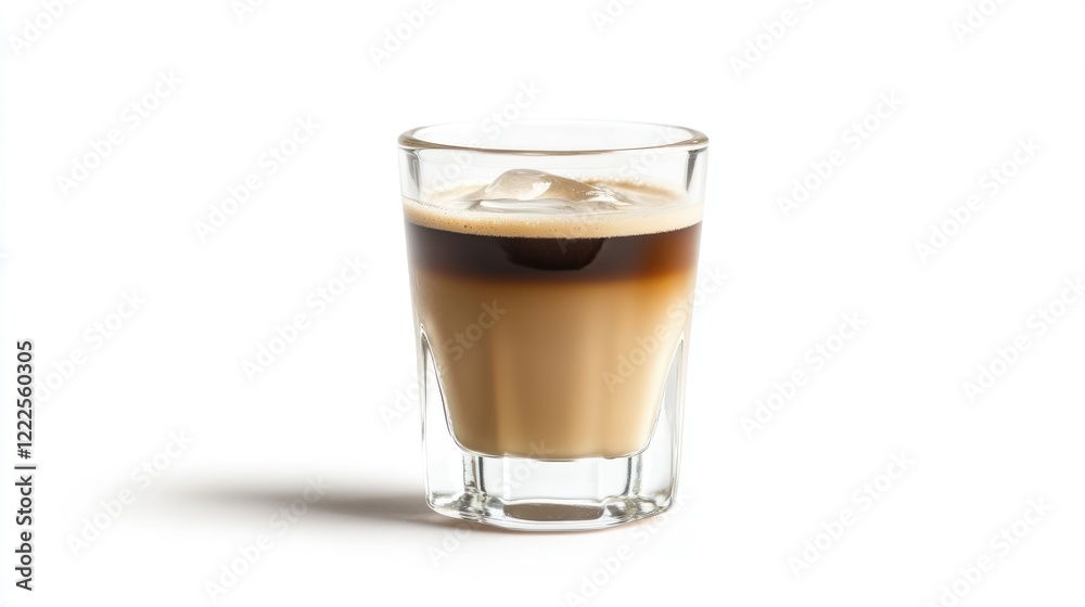 glass shot of cream liqueur baileys with ice isolated on white background, glass shot of cream liqueur baileys with ice isolated on white background,