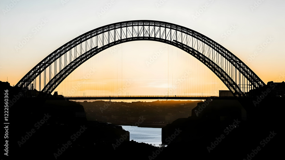 Naklejka premium Silhouetted Arch Bridge Stands Majestically Against a Golden Sunset Over a Tranquil River
