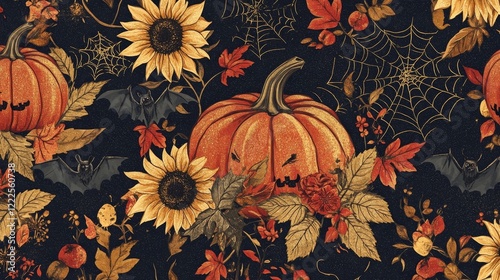 Seamless Fall Halloween Pattern with Glitter Pumpkins, Bats, Spider Webs, Sunflowers, and Autumn Leaves, Generative AI
