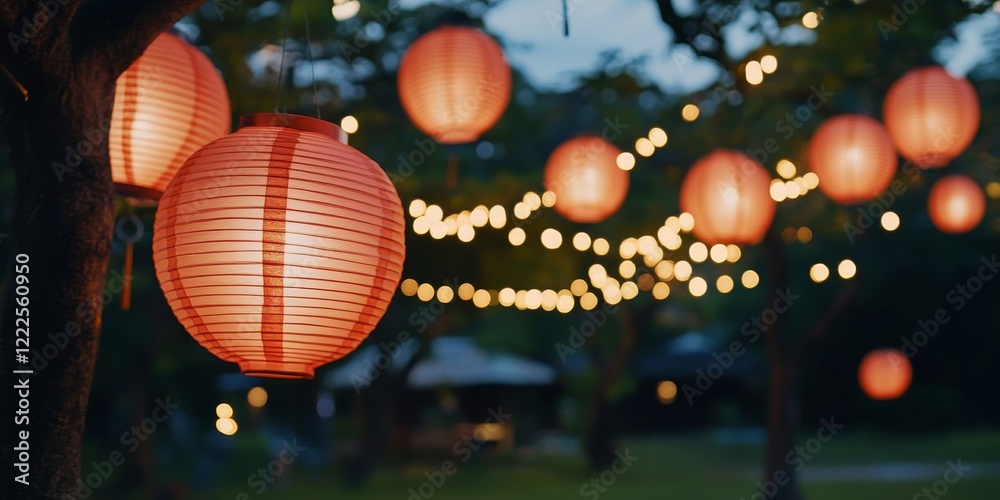 Obraz premium Beautiful Red Lanterns with Warm Lights in Outdoor Event Setting