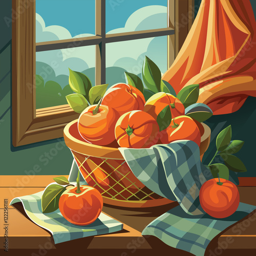 Colorful oranges and tangerine leaves in the cute basket Home decor and gardening concept. Cute isolated vector illustration for product design and decoration