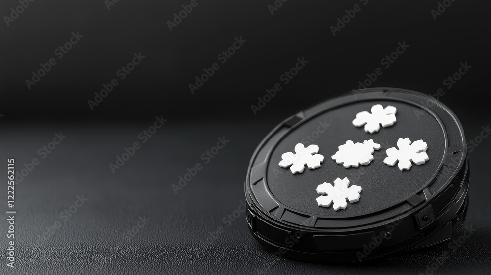 White snowflakes on black disc, dark background; winter concept for holiday cards