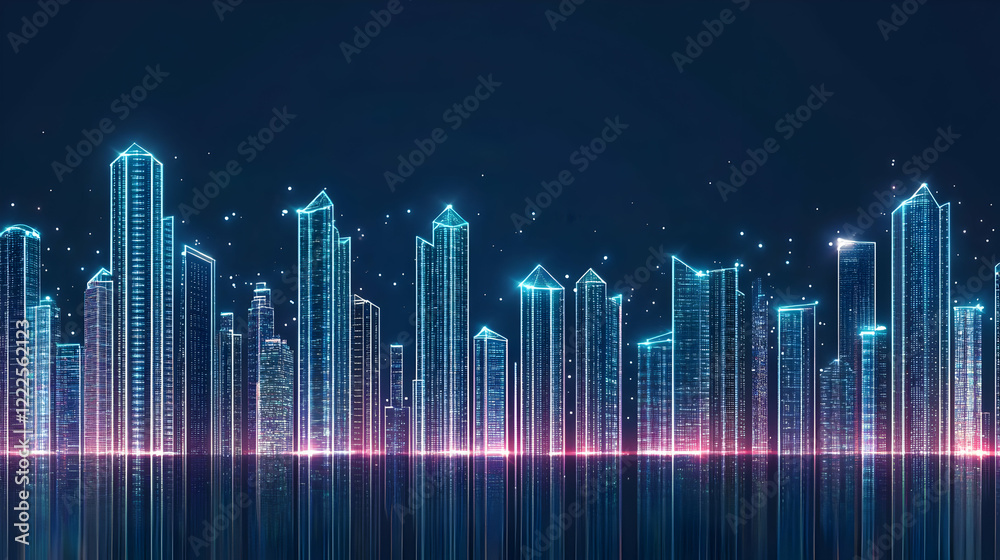 Futuristic Cityscape Illustration Shows Buildings with Glowing Lines at Night with Reflections Futuristic Cityscape Illustration Shows Buildings with Glowing Lines at Night with Reflections
