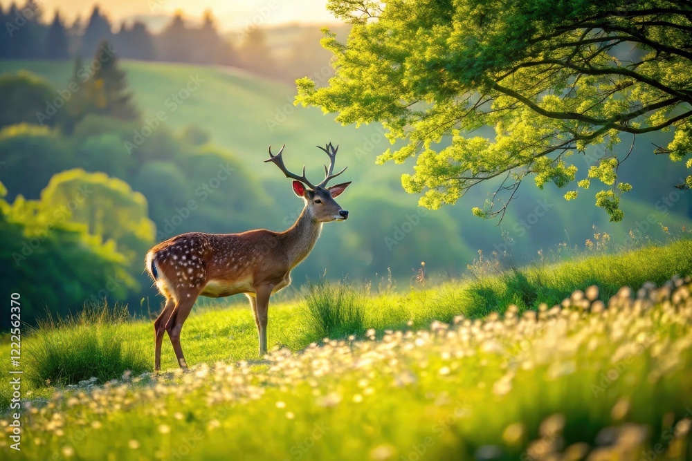 Fototapeta premium Majestic Deer in Spring Meadow, Basking in Golden Sunlight Under a Lush Green Canopy