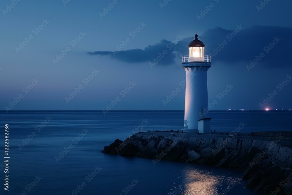 White lighthouse illuminating the dark blue sea at night with dramatic cloudscape and rocky pier White lighthouse illuminating the dark blue sea at night with dramatic cloudscape and rocky pier