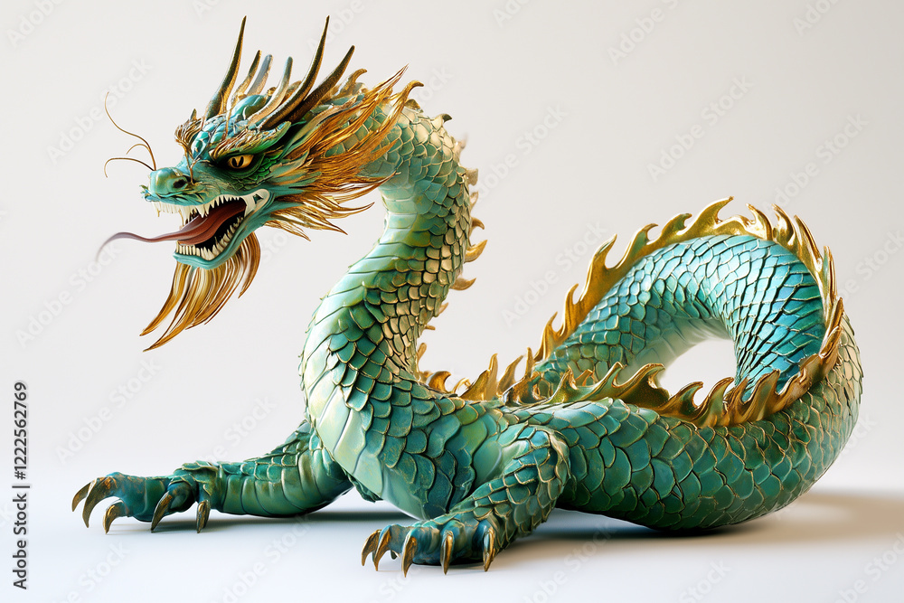 Obraz premium A detailed, coiled Chinese dragon with emerald green scales and golden accents, gracefully resting on a white background with soft shadows.