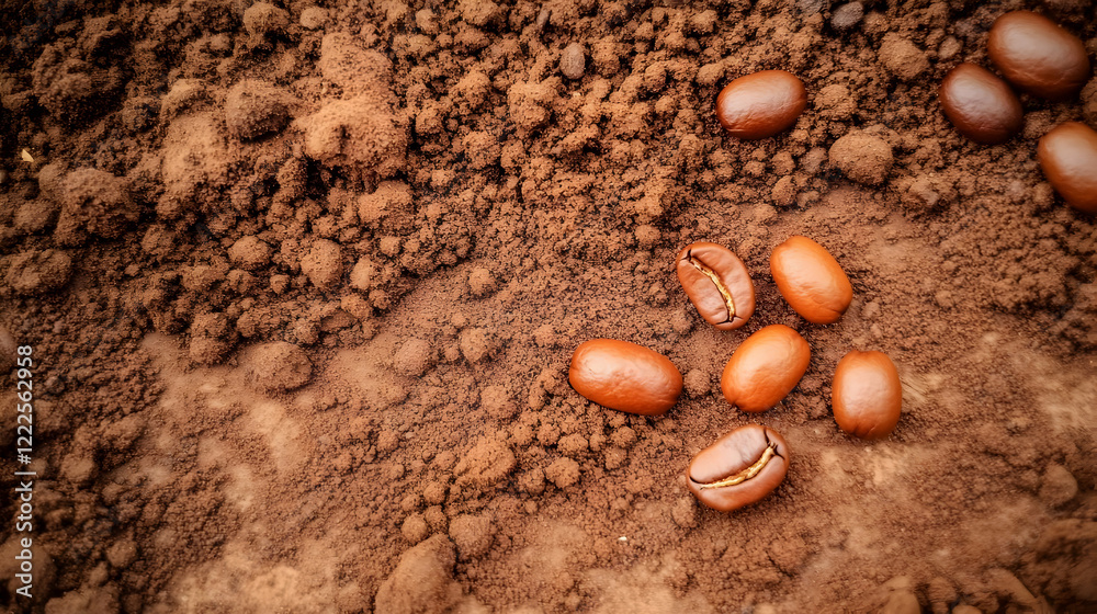 Roasted Coffee Beans Scattered on Ground Coffee Powder Beautifully Roasted Coffee Beans Scattered on Ground Coffee Powder Beautifully