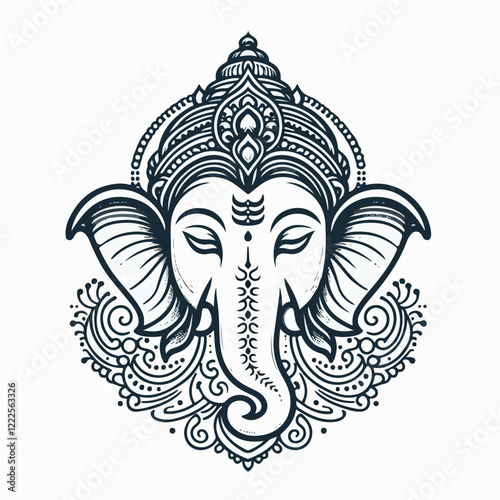 Lord Ganesha Mandala: An intricately detailed line art illustration of Lord Ganesha, the Hindu god of beginnings, wisdom, and prosperity, adorned with a stunning mandala design.