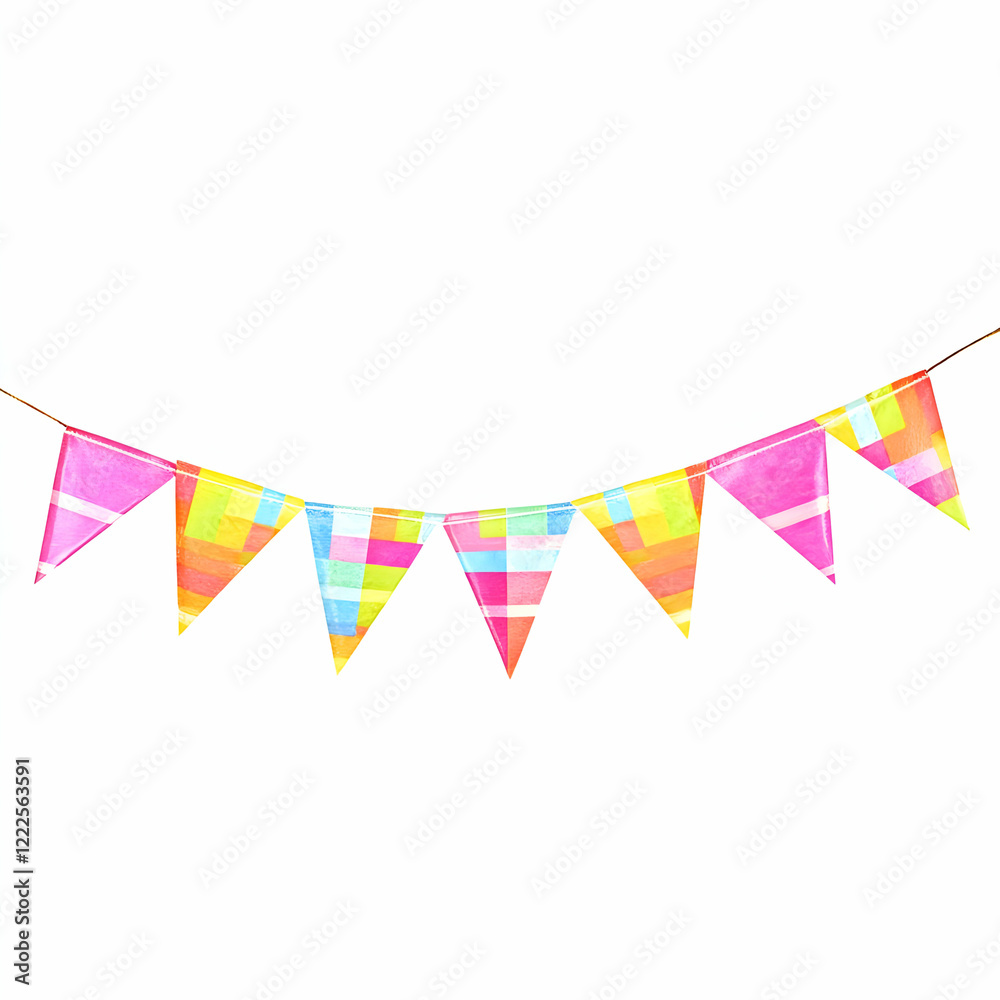 Colorful Triangle Flags Hanging on a String Against a White Background Colorful Triangle Flags Hanging on a String Against a White Background
