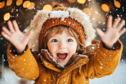 A child discovering snow for the first time, standing in the middle of a snowy field with their hands stretched out, looking amazed and confused