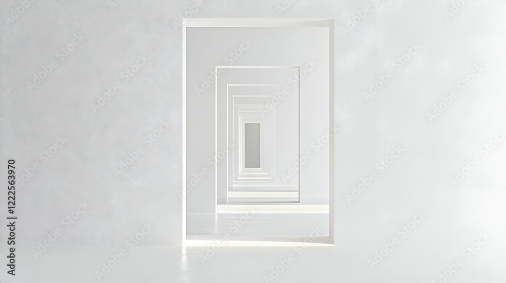 Infinite white hallway; light at end; architectural design; minimalist backdrop; interior design Infinite white hallway; light at end; architectural design; minimalist backdrop; interior design
