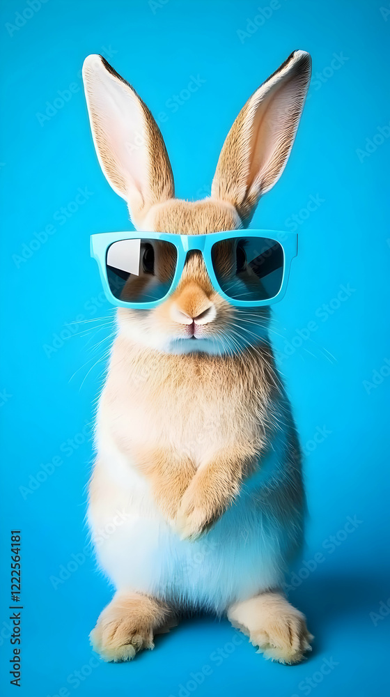 Cute Brown Rabbit Wears Blue Sunglasses Poses Stylishly on a Vibrant Blue Backdrop Cute Brown Rabbit Wears Blue Sunglasses Poses Stylishly on a Vibrant Blue Backdrop