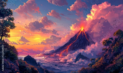 Dramatic Volcano Eruption with Fiery Lava in Serene Paradise Landscape, Intense Natural Phenomenon, Majestic Fiery Sky, Volcanic Activity Artwork for Nature Enthusiasts and Fantasy Art Lovers