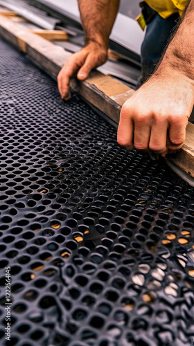Worker Smooths Black Perforated Material with Wooden Tool During Construction Process