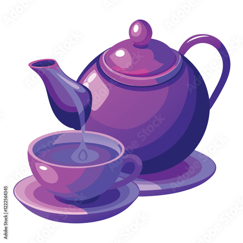 teapot and teacup purple tea set clipart. purple teapots and teacups set on a plate vector design illustration