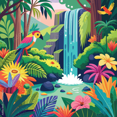 Waterfall in green jungle rainforest vector illustration. tropical scenery tropical plants Falls vector image