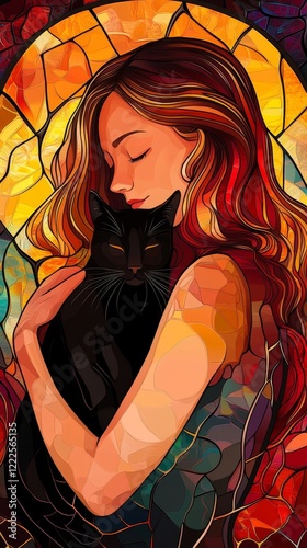 Girl Holding Black Cat in Stunning Stained Glass Style, Warm Emotional Portrait, Friendship and Comfort, Artistic Illustration, Generative AI