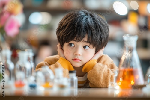 A child looking at a failed science project in a classroom, their expression a mix of sadness and frustration