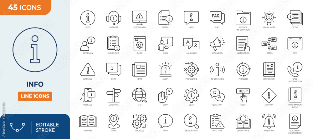 Information Line Editable Icons set. Contains icons instructions, info center, manual, rule, guide, reference, help and more. Vector illustration
