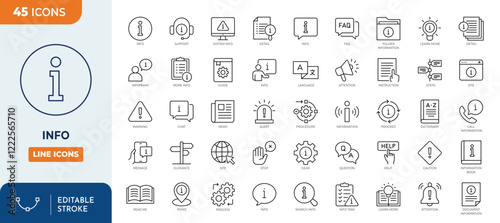 Information Line Editable Icons set. Contains icons instructions, info center, manual, rule, guide, reference, help and more. Vector illustration