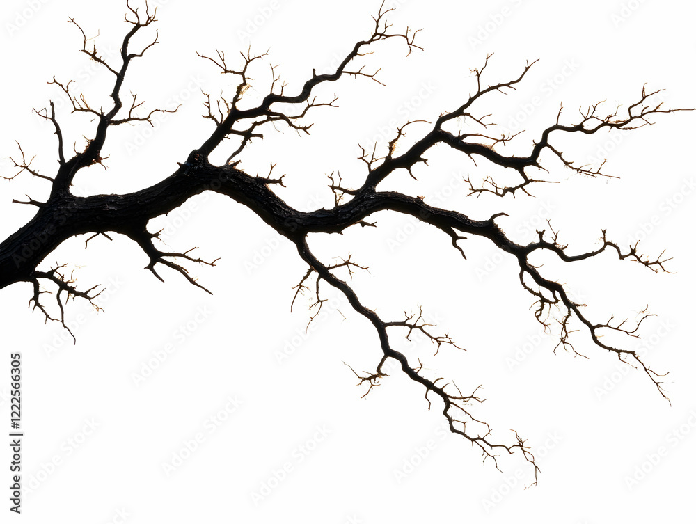 Silhouette of a bare tree branch reaches across a white background, conveying a sense of stark beauty. Silhouette of a bare tree branch reaches across a white background, conveying a sense of stark beauty.