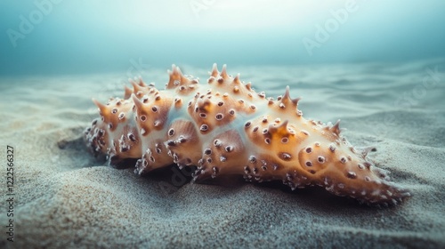 Underwater close-up of a sea cucumber on a sandy seabed with clear blue water photo