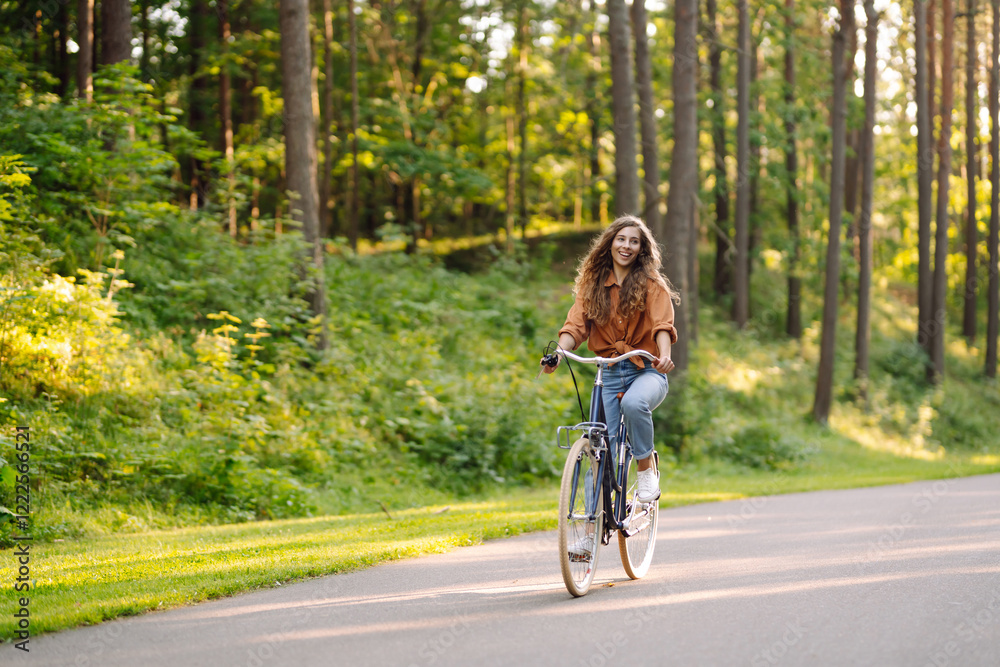 Naklejka premium Happy woman riding bicycle bike on sidewalk in city green park outdoors. Active lifestyle concept.