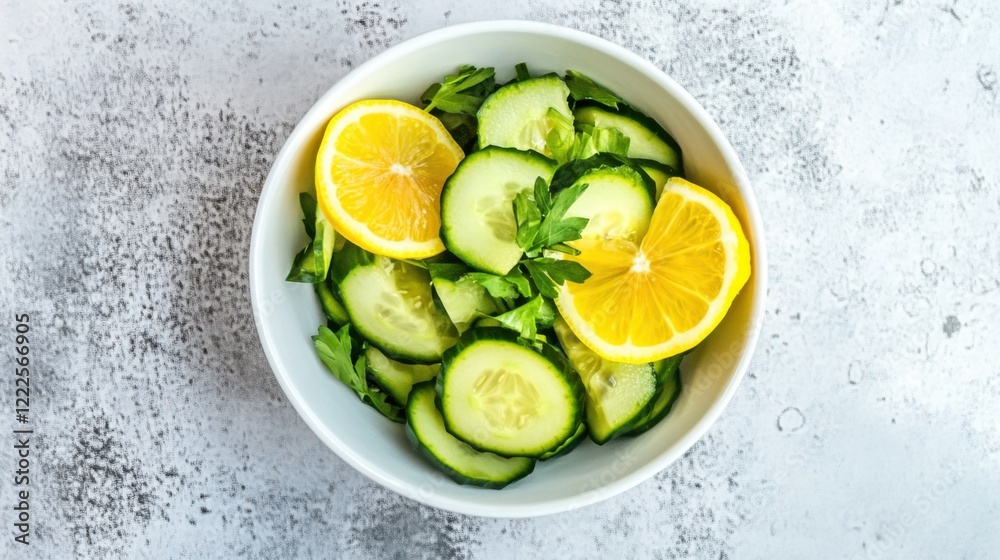 A bowl of light and refreshing cucumber and avocado salad with a lemon vinaigrette, Centered in a minimalist white bowl, Overhead view with bright natural light A bowl of light and refreshing cucumber and avocado salad with a lemon vinaigrette, Centered in a minimalist white bowl, Overhead view with bright natural light