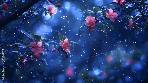 Rainy Night Blossom: Delicate pink blossoms on a tree branch are kissed by rain, creating a serene and romantic scene under a twilight sky. The image is filled with bokeh, giving a dreamy. photo