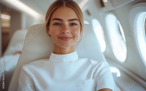 Optimistic Nurse aboard Sleek Medical Train with Radiant Lighting and Futuristic Interior Design